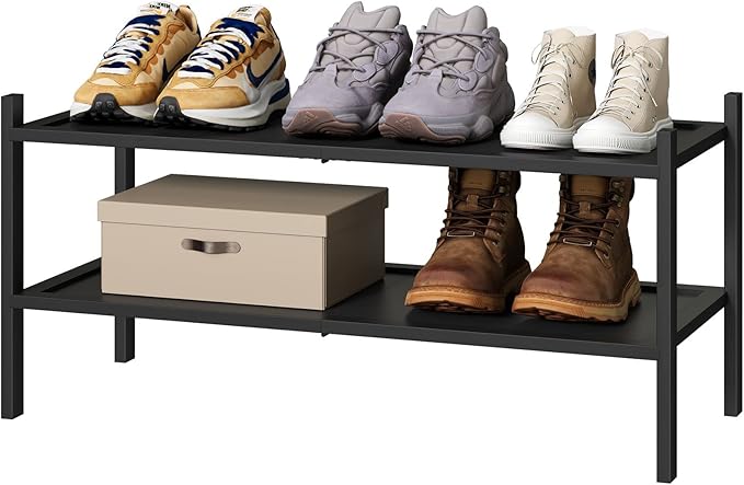 2-Tier Black Bamboo Shoe Rack, Stackable Bamboo Wood Shoe Rack for Closet, Entryway & Hallway
