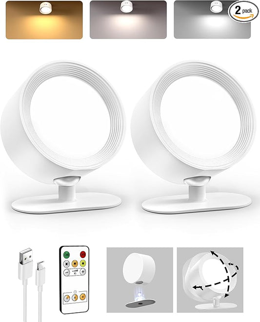 LED Wall Mounted Lights, Rechargeable Wall Sconces Lamp, 3 Color Temps & Remote and Touch, 360°Rotation Dimmable Cordless Wall Light for Study Bedroom Reading Bedside(White, 2 Pack)