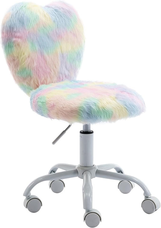 Cute Fuzzy Kids Chair Comfy Study Desk Chair Furry Studing Computer Task Chairs Faux Fur Swivel Vanity Chairs for Girls Bedroom, Multi-Color