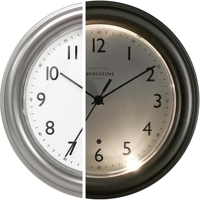 Presentime & Co. 8.5" Modern Farmhouse Night Light Wall Clock, Silent Non Ticking, Silver Color. (Luminous Wall Clock for Office, Home, Bathroom, Kitchen, Bedroom, and School)