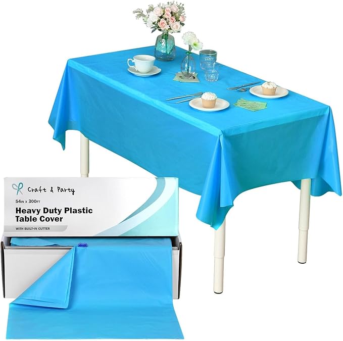 Craft And Party, 54 in x 300 feet Plastic Table Cover Roll for Party, Banquet, Picnic, Kids Activities for Any Size and Shape Table (Turquoise, 54" x 300ft)