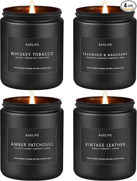 Scented Candles Set | Gifts for Men - 4Pack Masculine Candle, Soy Candles for Home Scented, Aromatherapy Gift for Dad Fathers Day, Home Fragrance of Whiskey Tobacco/Mahogany/Amber Patchouli/Leather
