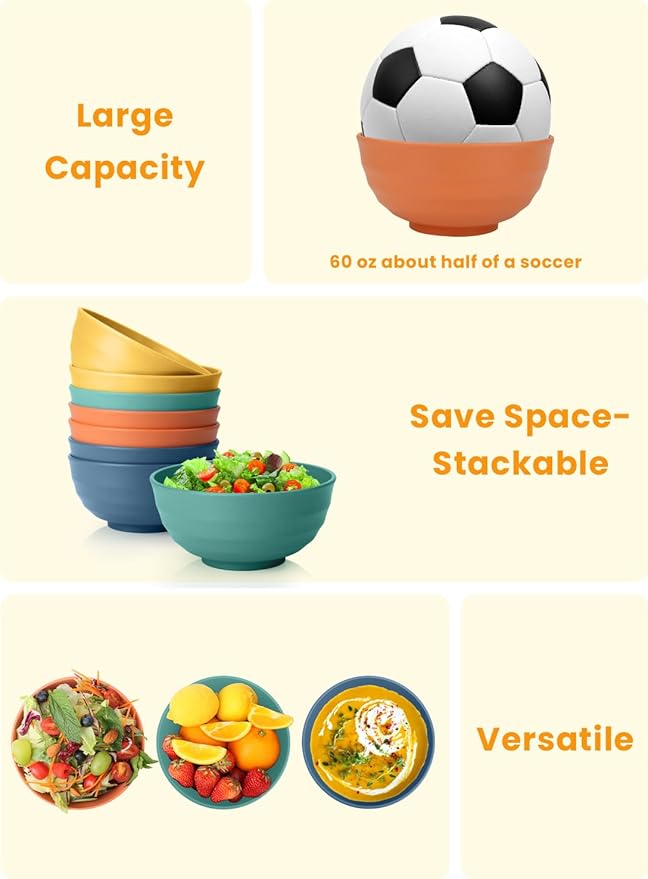 Homienly Wheat Straw Bowl Set, Large Salad Bowls Set of 8-60 OZ Large Capacity Big Bowls, Unbreakable Popcorn Bowl, Microwave and Dishwasher Safe Bowl for Kithchen, Camping, Party - Multi, Matte