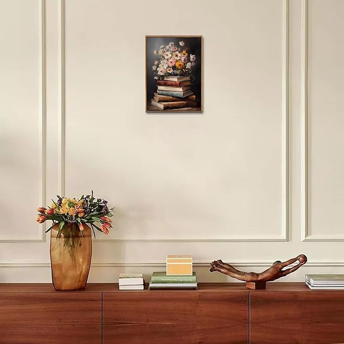 Djmwtb Vintage Framed Wall Art Floral Book Canvas Wall Art Literary Art Prints Flower Painting Moody Pictures Wall Decor Artwork for Living Room Bedroom Bathroom Office 8x10in