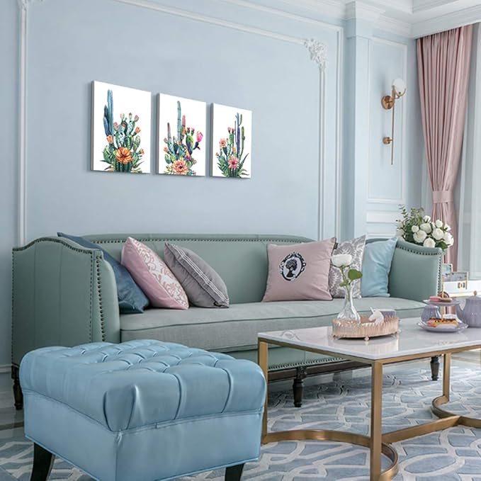 Wall Art for living room Canvas Prints Artwork bathroom Wall Decor Simple Life Green plants cactus Picture Watercolor painting 3 Pieces Framed bedroom wall decorations Office Works Home Decoration