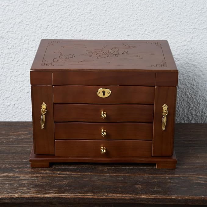 FEECOZ Wooden Jewelry Box for Women, Solid Wood Jewelry Organizer with Mirror and 3-Drawer, Ring,Necklacel,Vintage Style Storage Box with Lock (Dark Brown(lotus pattern)