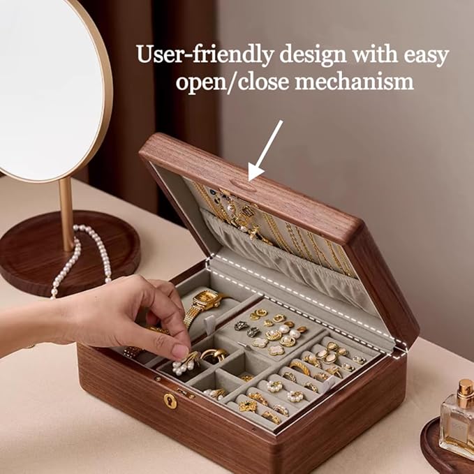 Bescott 2 Layer Solid Black Walnut Wooden Jewelry Box with Lock and Key for Women Wood Vintage Organizer for Men Earrings Rings Necklaces Bracelet Watch Storage Mother's Day Gift