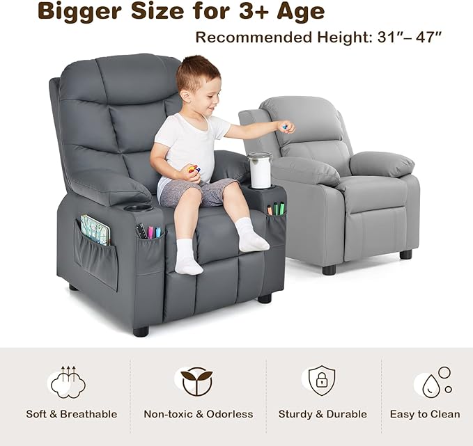 Kids Recliner, Kids Recliner Chair w/ 2 Cup Holders, PU Leather Kids Chairs Compy w/Adjustable Backrest & 3 Pockets, Toddler Furniture Sofa for Boys Girls Aged 3+ (Grey)