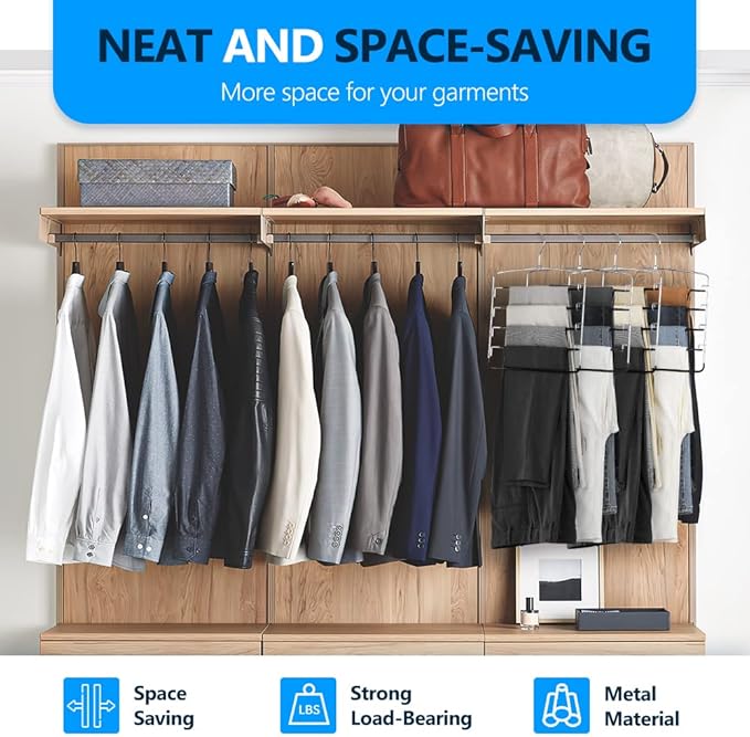 Pants Hangers 6 Pieces,5 Tier Closet Organizers and Storage Clothes Hangers,Hangers Space Saving with Swing Arm,Multiple Metal Hanger Clothes Organization for Pants Trousers Jeans Leggings Slacks