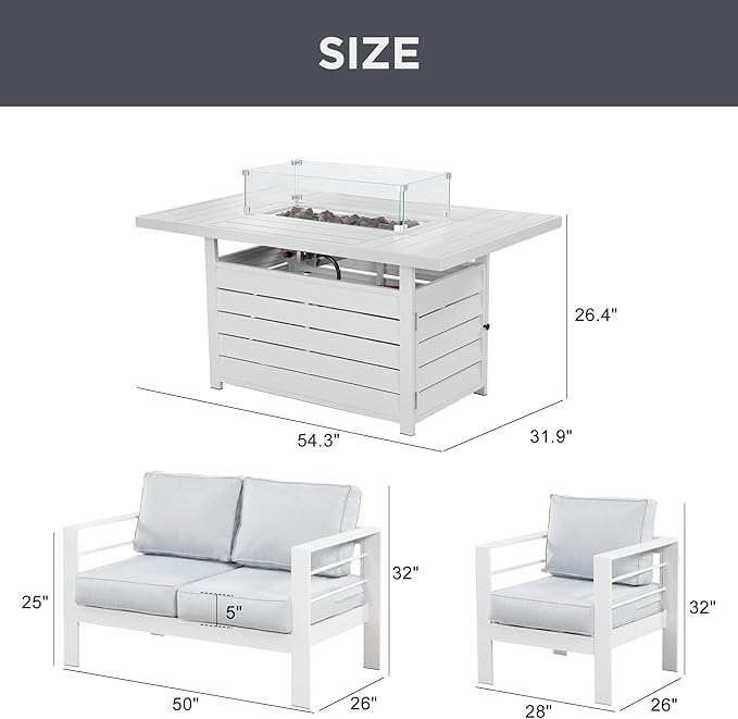 Wisteria Lane Aluminum Patio Furniture Set, 4 Piece Metal Outdoor Furniture Set with CSA Certified 54in Propane Gas Fire Pit Table, Patio Conversation Set with 5in Olefin Cover Cushions (White)