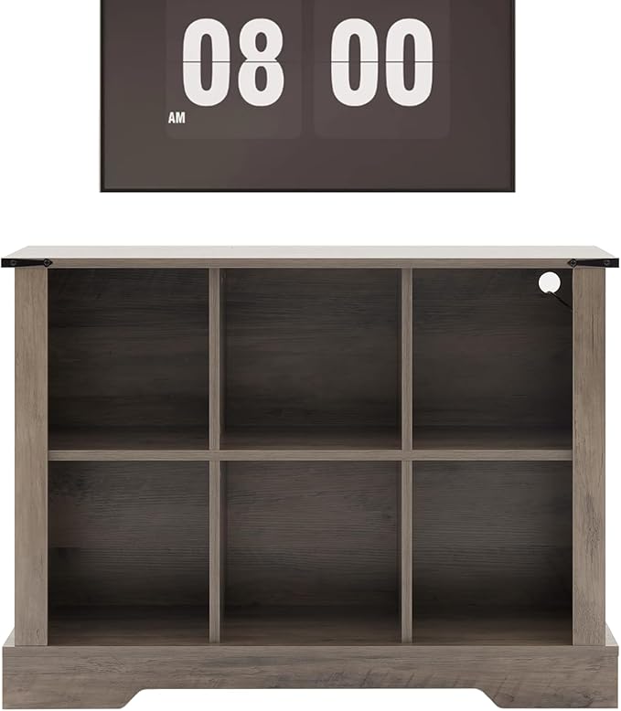 6 Cube Storage Organizer, 2 Tier Bookshelf for Living Room, Farmhouse Bookcase with Led, Kids Toy Storage Cabinet, Wall Cubby Shelves for Home Decor, Wood Display Cabinet for Bedroom, Grey