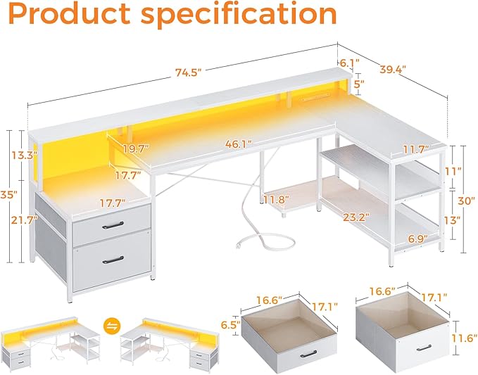 ODK L Shaped Desk with File Drawer, 75" Reversible L Shaped Computer Desk with Power Outlet & LED Strip, Home Office Desk with Storage Shelves, Gaming Desk with Monitor Shelf, Corner Desk, White