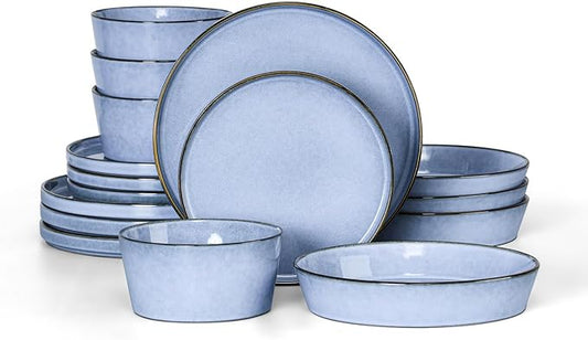 Herogo Dinnerware Sets with Pasta Bowls for 4, 16 Piece Dinner Salad Plates and Cereal Serving Bowls, Stoneware Dishes Dinner Ware for Home Kitchen, Dishwasher & Microwave Safe, Haze Blue