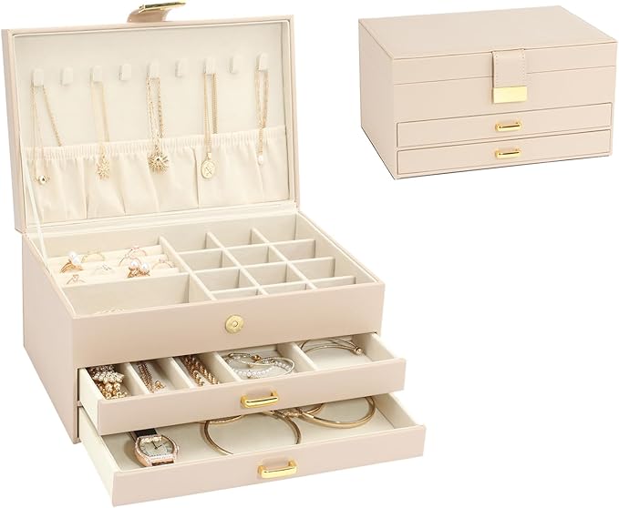 3-Layer Jewelry Box with 2 Drawers, Large Capacity Jewelry Holder Box for Women Girls, Best Gifts for Christmas Valentine's Day New Year.(Apricot)