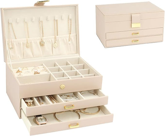 3-Layer Jewelry Box with 2 Drawers, Large Capacity Jewelry Holder Box for Women Girls, Best Gifts for Christmas Valentine's Day New Year.(Apricot)
