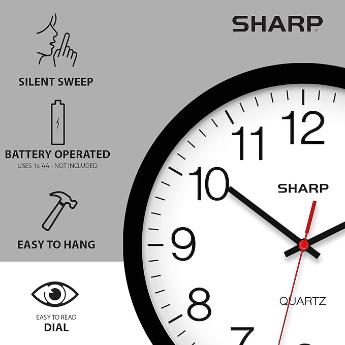 Sharp Wall Clock – Black, Silent Non Ticking 12 Inch Quality Quartz Battery Operated Round Easy to Read Home/Kitchen/Office/Classroom/School Clocks, Sweep Movement
