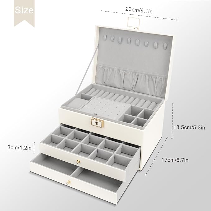 DesignSter Jewelry Box,Jewelry Organizer with 2 Drawers, 3 Layers Leather Jewelry Storage Box with Lock, Jewelry Storage Case for Necklaces Earrings Bracelets and Rings（Beige）