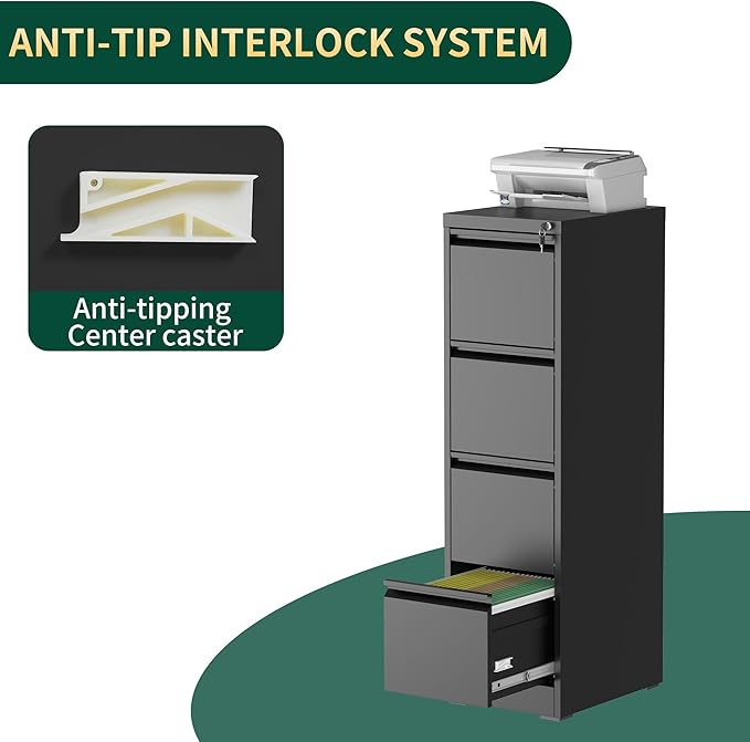 4 Drawer File Cabinet with Lock, Steel Vertical Filing Storage Cabinet for Home Office, Heavy-Duty File Cabinets for Letters/Legal/A4 (Require Assembly, Black)