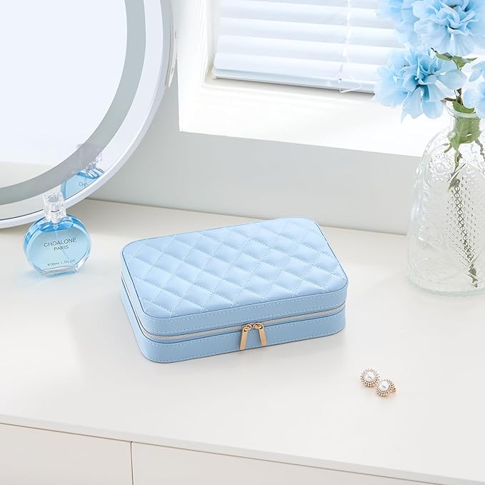 Lolalet Travel Jewelry Case for Women, Travel Jewelry Organizer Box with Mirror & Clear Storage Bag, Small Portable Traveling Earring Necklace Bracelet Ring Case, Bridesmaid Gifts -Medium, Blue