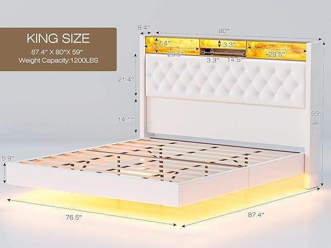Floating King Size Bed Frame with Headboard and Storage, 60“ Upholstered Bed Frame with LED Light and Charging Station