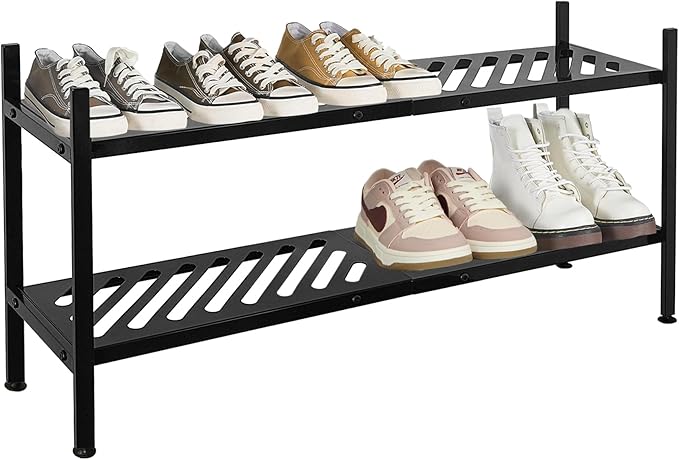 Shoe Rack - Metal Shoe Organizer 2 Tier Shoes Shelf Storage, 35 Inches Stackable Long Show Stand Holder for Closet, Entryway, Garage, Floor, Door Entrance, Black