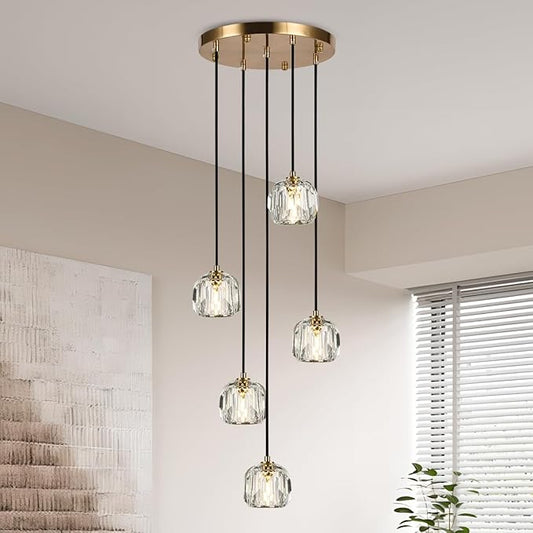 5 Light Pendant Lighting, Brushed Brass Cluster Pendant Light Fixture Kitchen Island, Modern Crystal Pendant Chandelier Hanging Lights for Dining Room Foyer