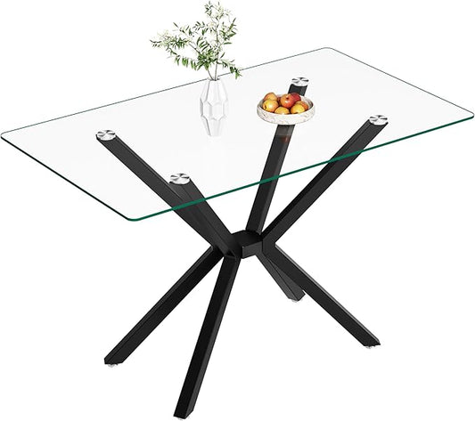 Modern Rectangular Glass Dining Table with Tempered Glass Top and Metal Legs - Perfect for Home, Kitchen, Dining Room