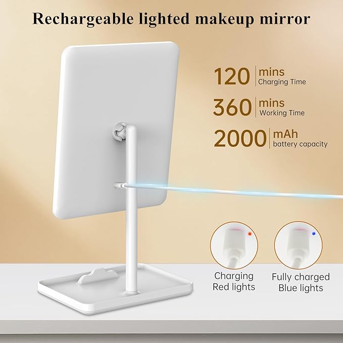 FUNTOUCH Vanity Mirror with Lights, Rechargeable Makeup Mirror with Lights,Smart Touch with 3-Color Lighting, Dimmable, Detachable 40X Magnification for Vanity Desk Tabletop,White