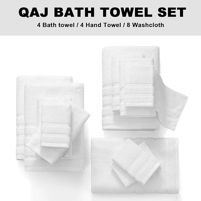 16-Piece Bath Towels Set, 100% Cotton Thick Soft Highly Absorbent Durable, Quick Dry, Bathroom Towels Set (4 Bath Towels, 4 Hand Towels, 8 Washcloths) - Perfect for Daily Use