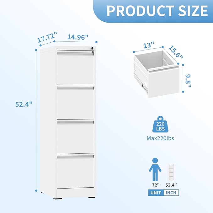 AQY 4 Drawer File Cabinet with Lock, Metal Filing Cabinet for Home Office,Vertical Storage Drawer for Hanging A4/Letter/Legal Size Files, Assembly Require