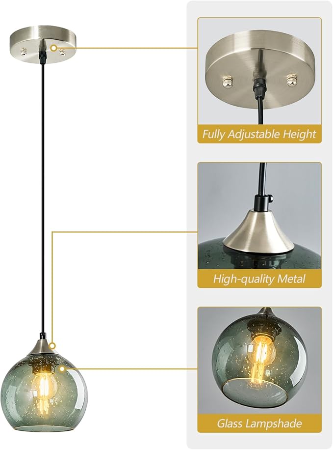 Gray Green Glass Pendant Lights Kitchen Island Lighting Globe Pendant Light Fixtures Modern Pendant Lighting for Kitchen Island Bedroom Living Dining Room Light Fixture(5.9in, 3-Pack)