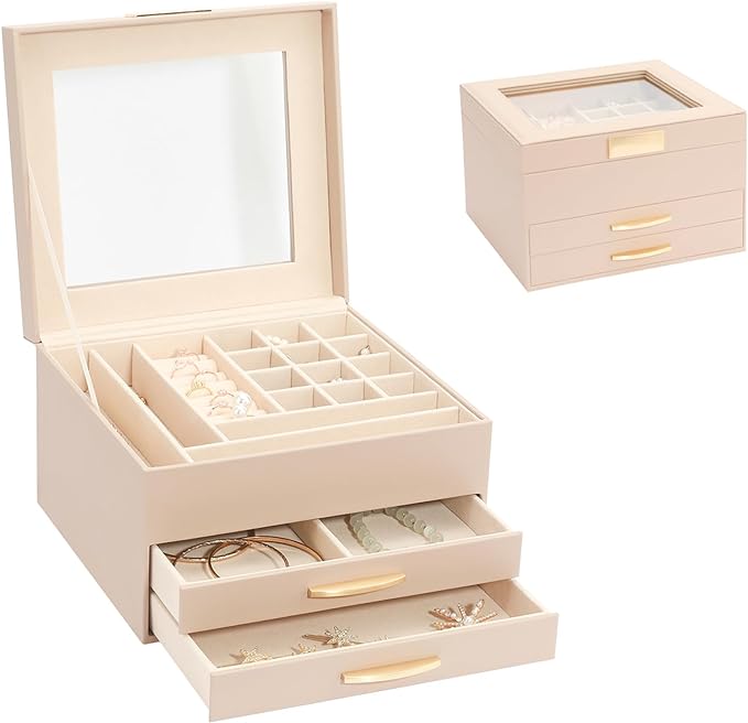 Jewelry Storage Box with Glasses Lid, 3-Tiers Jewelry Organizer Box for Women Girls, Jewelry Case for Rings, Bracelets Earrings, Necklaces (Apricot)