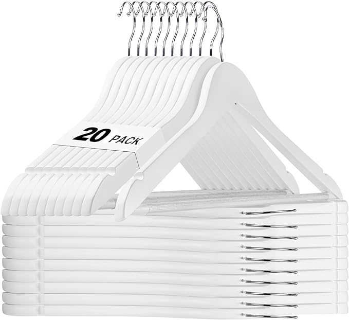 HOUSE DAY White Wooden Hangers 20 Pack, Solid Wood Hanger with Non Slip Pant Bar, Heavy Duty Wooden Coat Hanger for Closet, Smooth Finish Wood Clothes Hangers for Shirts, Suits Jackets, Dress