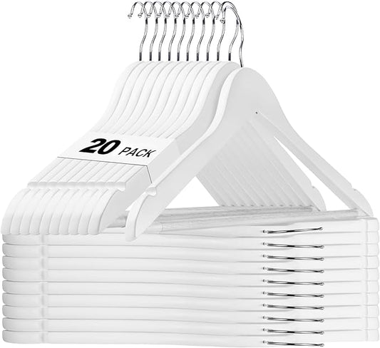 HOUSE DAY White Wooden Hangers 20 Pack, Solid Wood Hanger with Non Slip Pant Bar, Heavy Duty Wooden Coat Hanger for Closet, Smooth Finish Wood Clothes Hangers for Shirts, Suits Jackets, Dress
