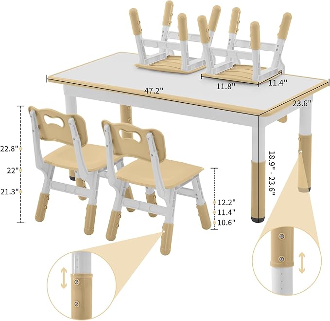 Toddler Table and Chairs Set for 4, 47.2''L x 23.6''W Kids Study Table and Chair Set, Height-Adjustable, Graffiti Desktop, Children Activity Table for Daycare, Classroom, Home