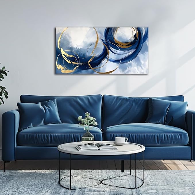 Abstract Wall Art Nave Blue Modern Canvas Pictures Art Print Gold Contemporary Artwork Painting Decor for Living Room Bedroom Home Office Decorations(20"x40")
