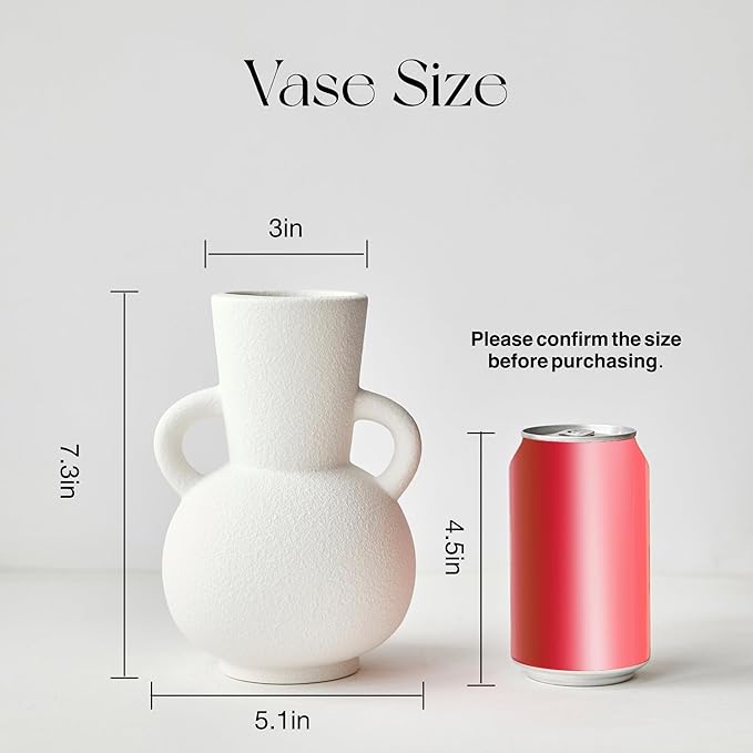 7 Inch White Ceramic Vase with 2 Handles, Modern Flower Vase Decorative Vases for Bouquet, Unique Vases for Home Decor Farmhouse Living Room Table Centerpieces Wedding Decorations