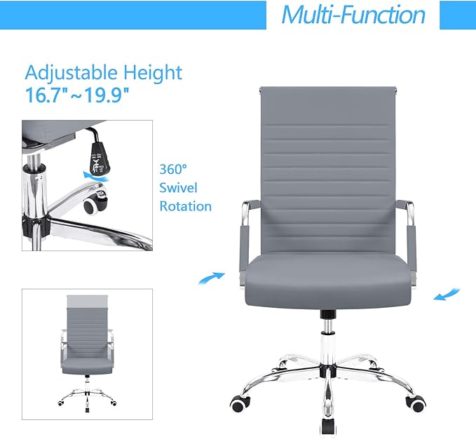 Furmax Ribbed Office Desk Chair Mid-Back PU Leather Executive Conference Task Chair Adjustable Swivel Chair with Arms (Grey)