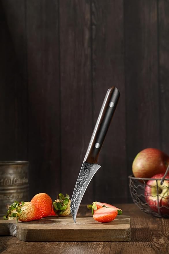 3.5" Paring Knife Damascus Steel Peel Chef Knife - 67-Layer Forged Fruit/Vegetable Knife with Natural Solid Wood Handle, 15° Double-Edged Blade, Ultra-Sharp & Corrosion Resistant