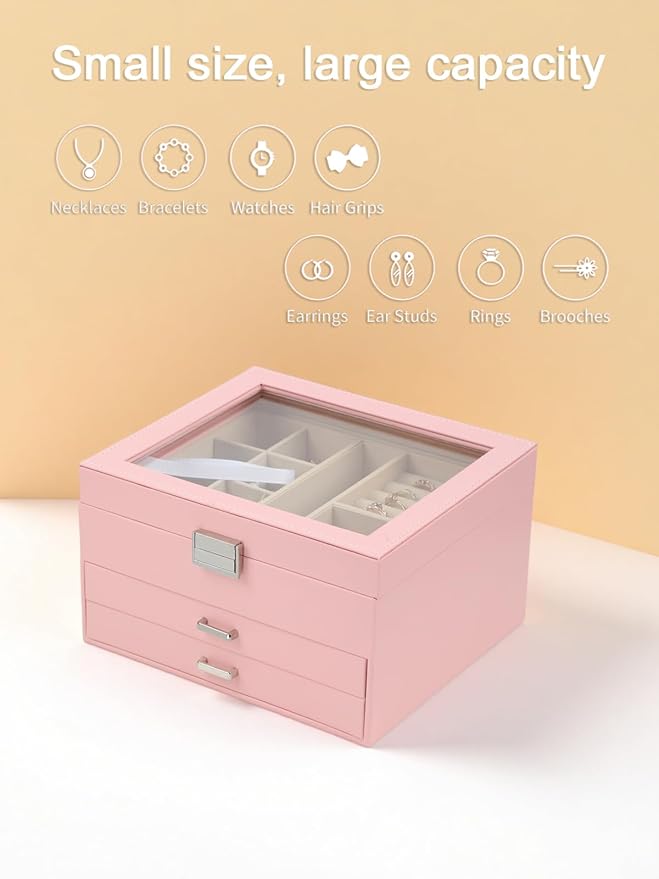 BOOVO Clear Lid Jewelry Box,3 Layers Jewelry Organizer Large Multi-Functional Jewelry Storage Box with 2 Drawers,Jewelry Display Case of Rings Earrings Necklace Bracelets for Women Girls (Pink)