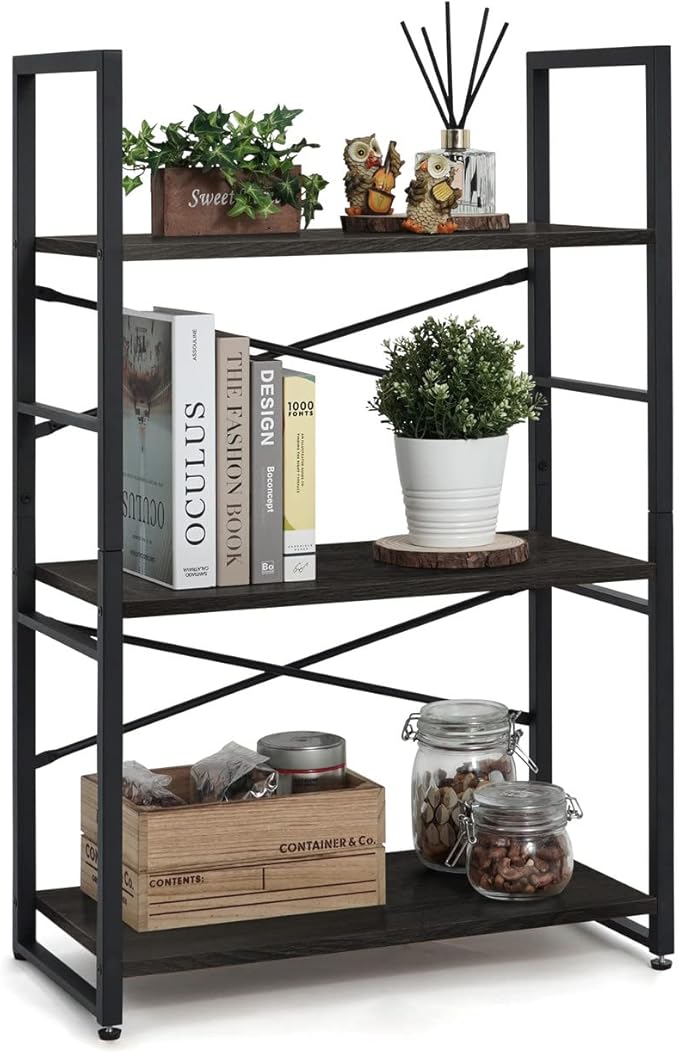 CAPHAUS 3 Tier Small Bookshelf, 24 Inch Width Free Standing Shelf, Bookcase Shelf Storage Organizer, Industrial Book Shelves for Home Office, Living Room, Black Shelves & Metal Frame