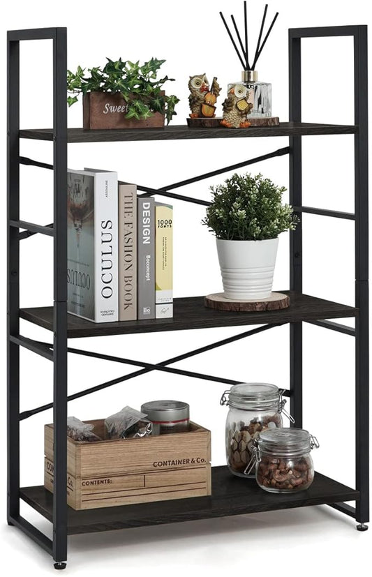 CAPHAUS 3 Tier Small Bookshelf, 24 Inch Width Free Standing Shelf, Bookcase Shelf Storage Organizer, Industrial Book Shelves for Home Office, Living Room, Black Shelves & Metal Frame