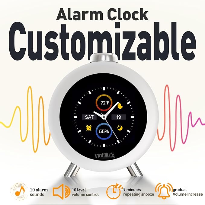 MOMILLA Alarm Clock for Heavy Sleepers, Colorful Screen Temperature, Loud 7-Day Programmable 4 Alarms, Small Clocks Bedrooms for Kids Adults Boys Girls, Easy to Set, Digital White Noise, Hourly Chime