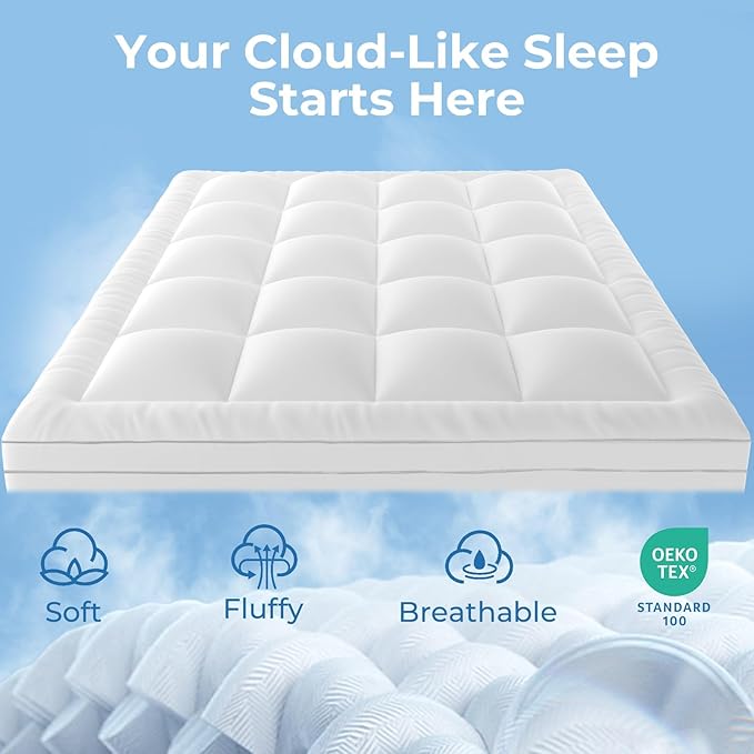 YUGYVOB Queen Mattress Topper -800GSM Extra Thick Cooling & Breathable Mattress Pad with Deep Pocket 8"-21" & Soft Down Alternative Filling, White