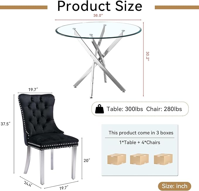 Goujxcy 5 Piece Round Glass Dining Table Set for 4, 36" Round Dining Table & Chair Set Modern Circle Glass Kitchen Table and 4 Velvet Upholstered Chairs for Kitchen Dining (Silver Table & Black Chair)