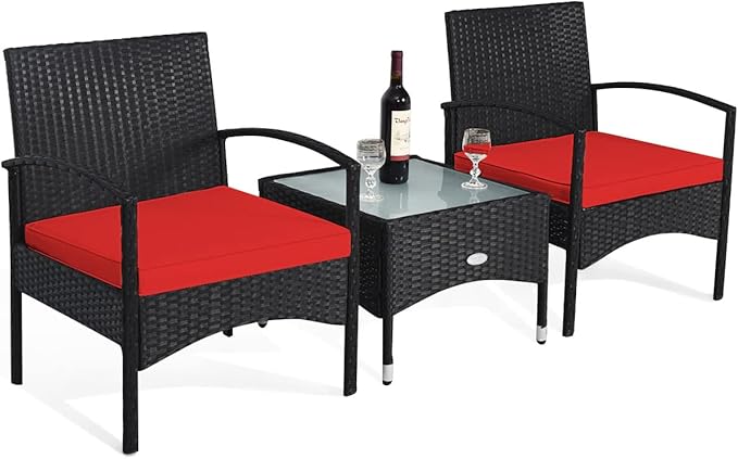 COSTWAY 3 PCS Patio Wicker Conversation Set, PE Rattan Sofa with Tempered Glass Coffee Table, 2 Chairs, 2 Cushions, Outdoor Patio Furniture Set for Yard Porch Bistro Balcony Backyard Pool, Red