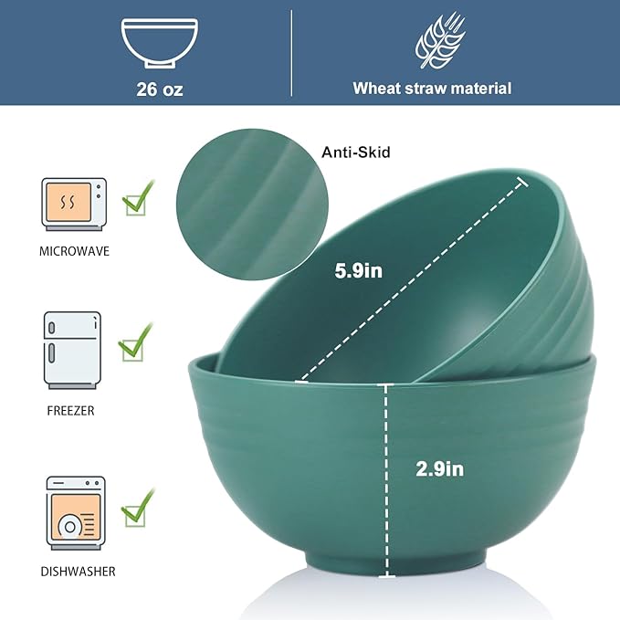 Wheat Straw Bowl Sets,8 PCS Unbreakable Cereal Bowls 26 OZ,Microwave and Dishwasher Safe Bowls,Kids Bowl suitable for cereal,salad,snack and soup (Green)