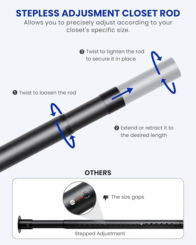 Closet Rods for Hanging Clothes, 17 to 129 Inches Stepless Adjustable Metal Closet Rod, 1.3 Inches Heavy Duty Clothes Hanging Rod for Closet Wardrobes Laundry RV