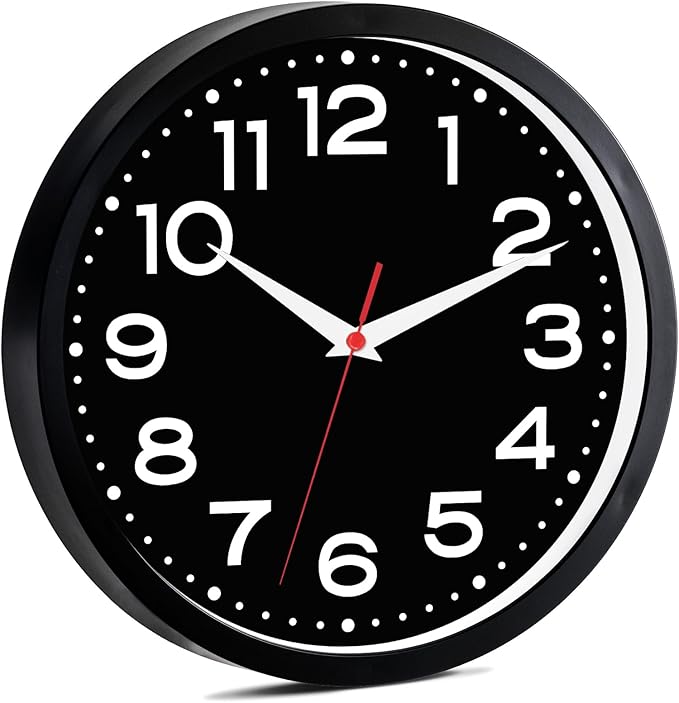 Wall Clock Silent Non-Ticking Modern Clock Battery Operated 10 Inch Small Classic Analog Decorative for Kitchen, Living Room, Office, Bedroom, Bathroom (Black Black)