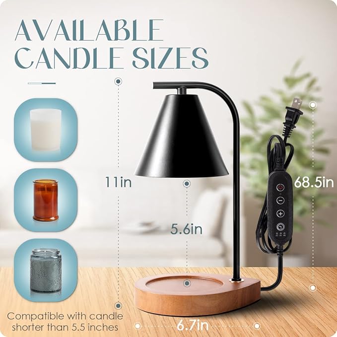 Candle Warmer Lamp with Retro Wooden Base - Home Decor Wax Melt for Small and Large Jar Candles, Candle Heater Lamp with 2 Bulbs, Dimmer and Timer Function